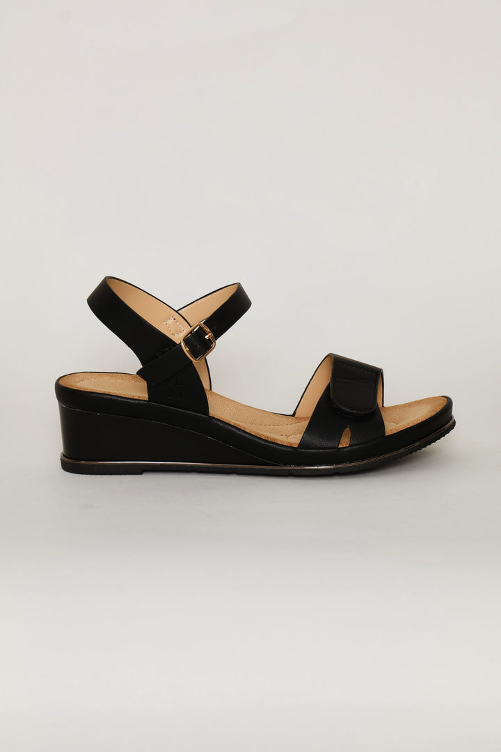 Gold Trim Wedge Sandal - Black