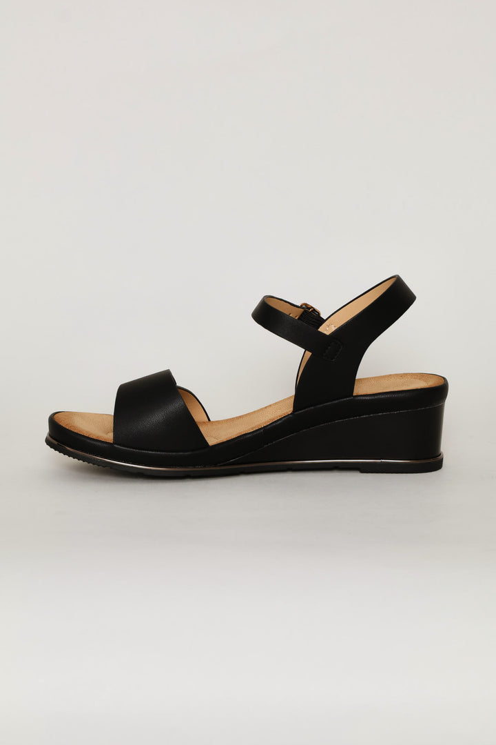 Gold Trim Wedge Sandal - Black