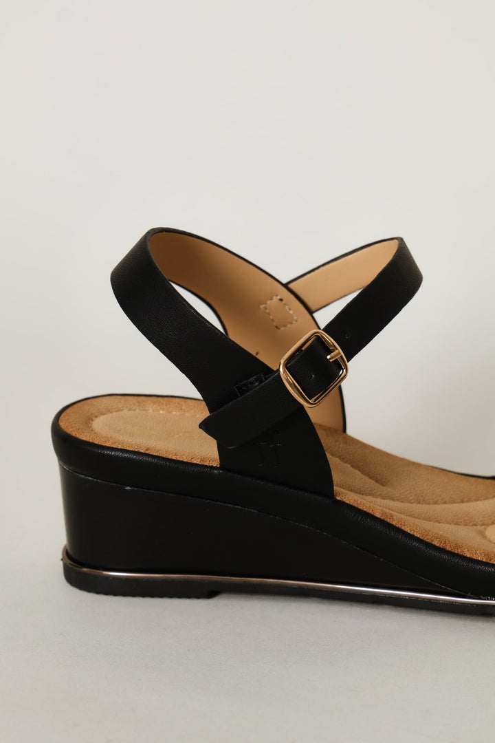 Gold Trim Wedge Sandal - Black