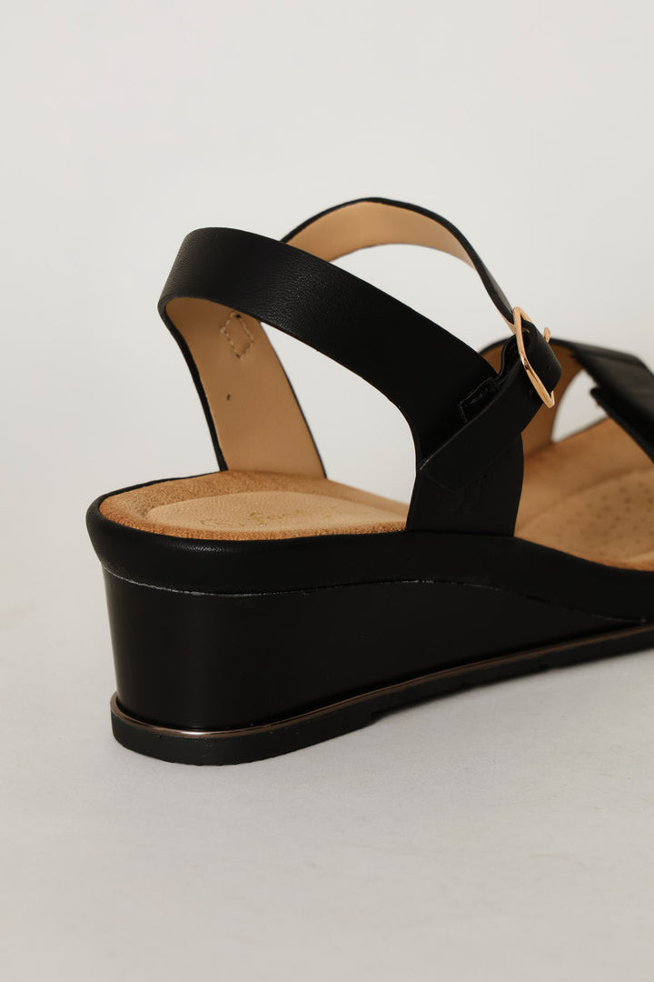 Gold Trim Wedge Sandal - Black