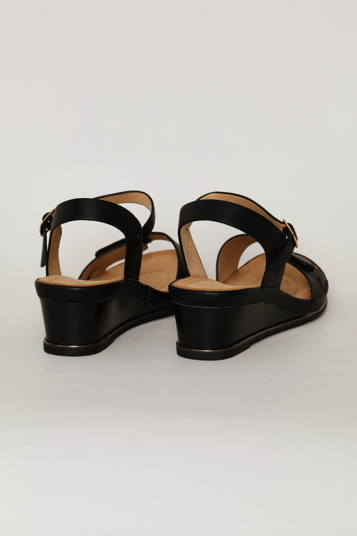 Gold Trim Wedge Sandal - Black