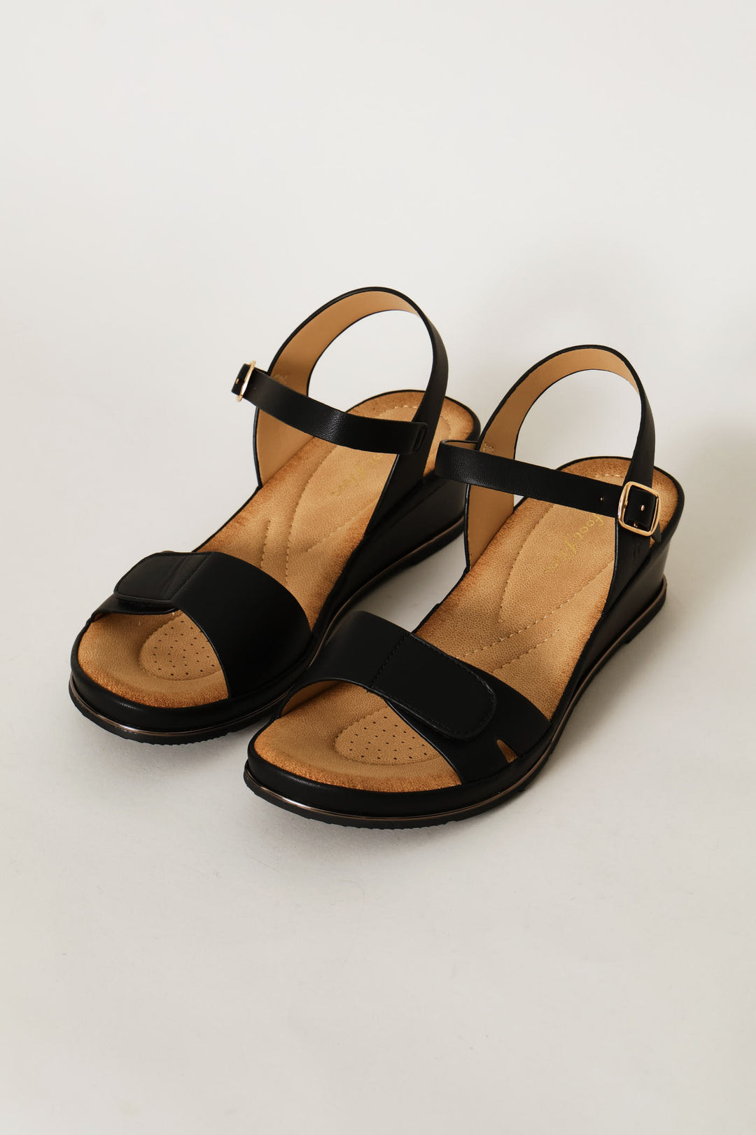 Gold Trim Wedge Sandal - Black