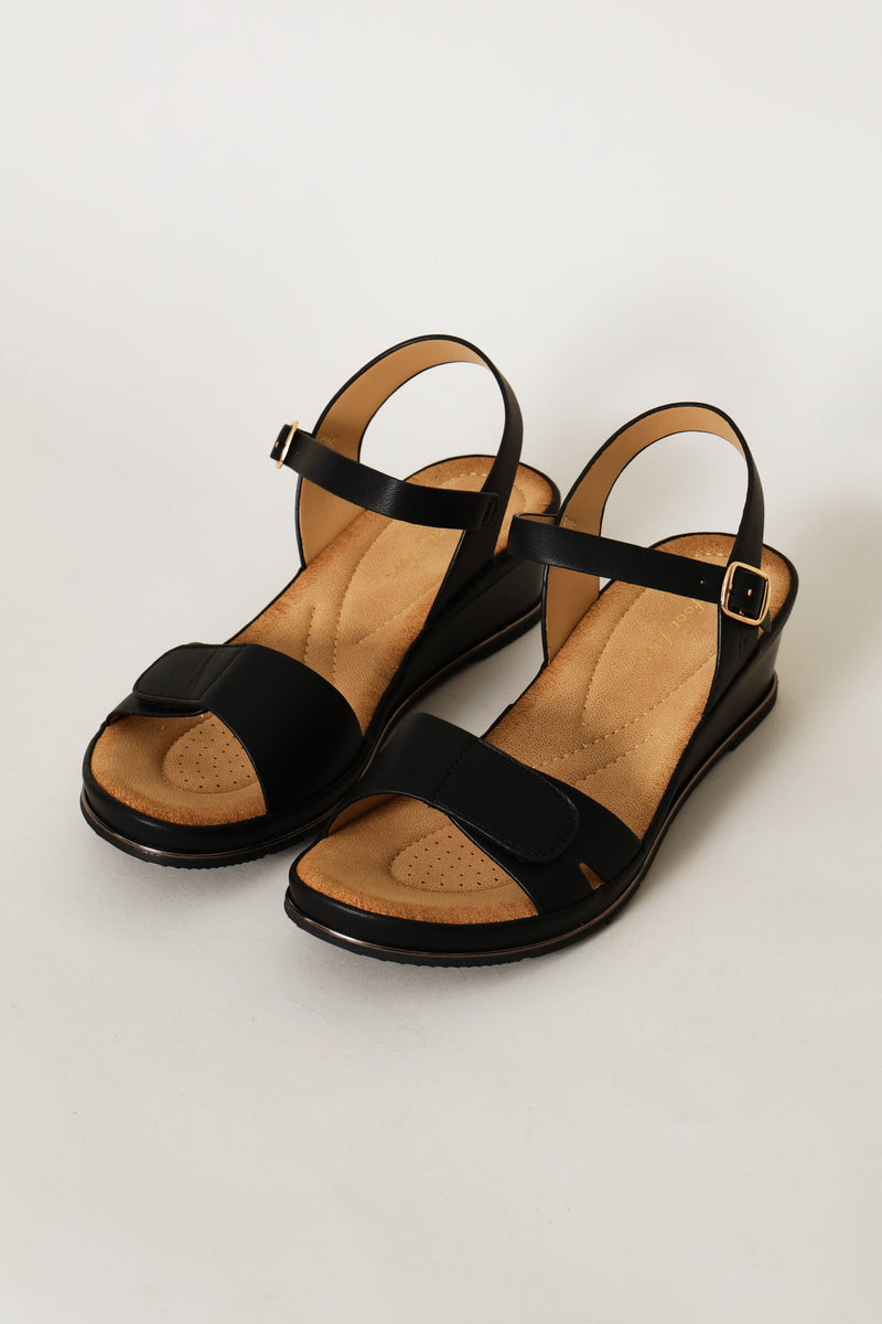 Gold Trim Wedge Sandal - Black