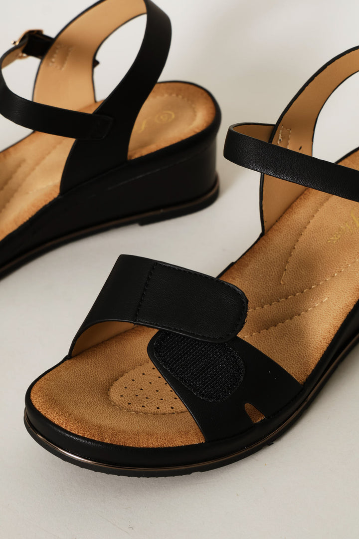 Gold Trim Wedge Sandal - Black
