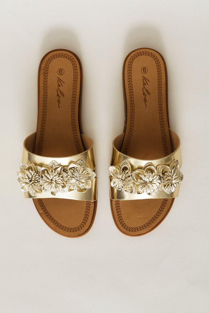 3D Flower Mule Sandal - Gold