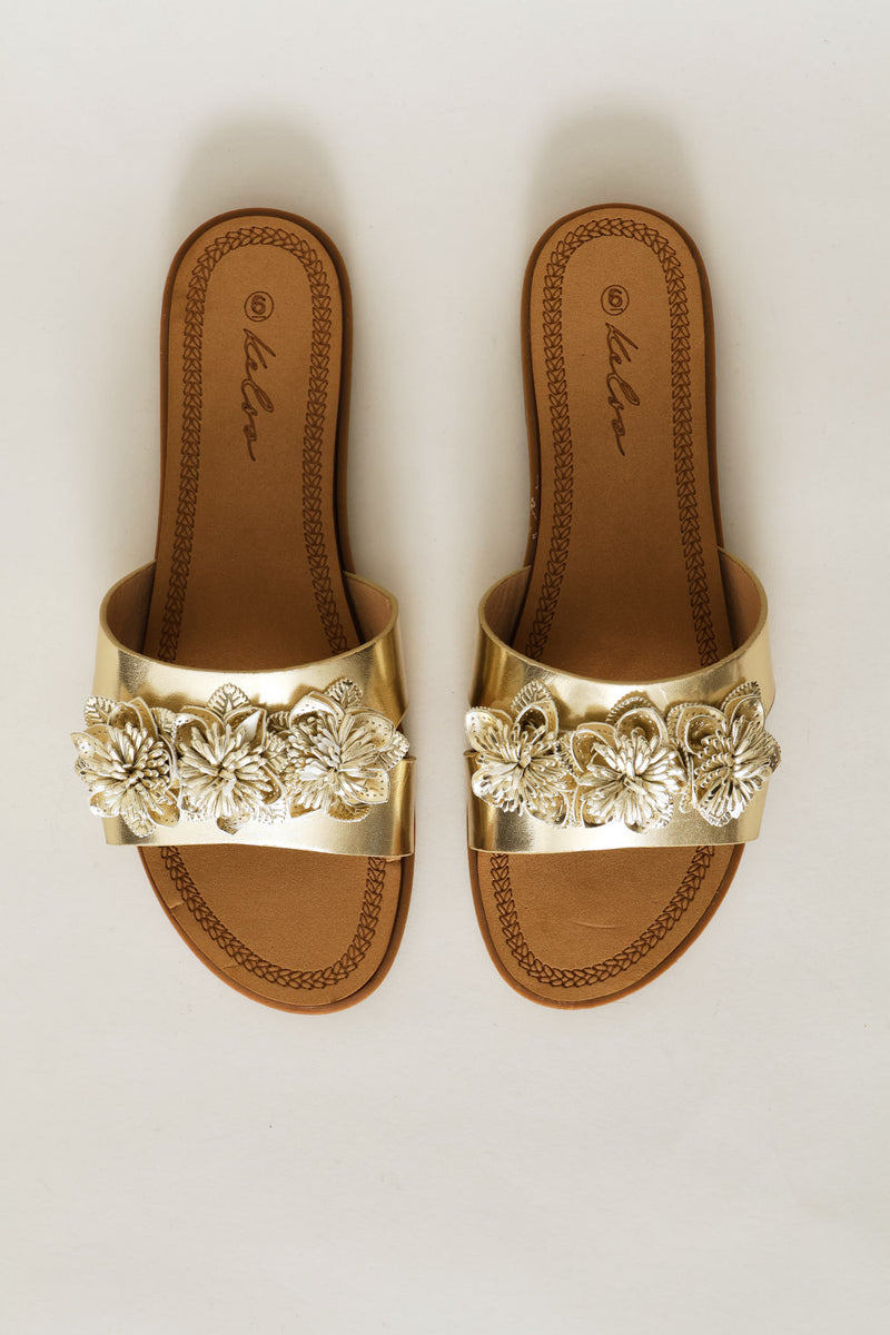 3D Flower Mule Sandal - Gold