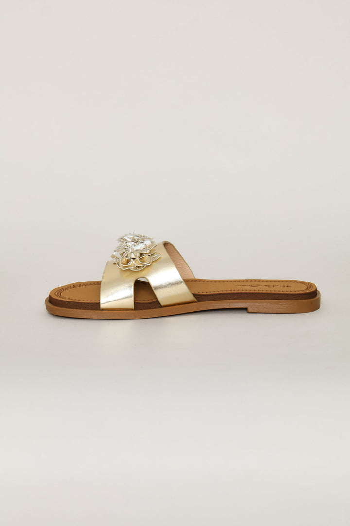 3D Flower Mule Sandal - Gold