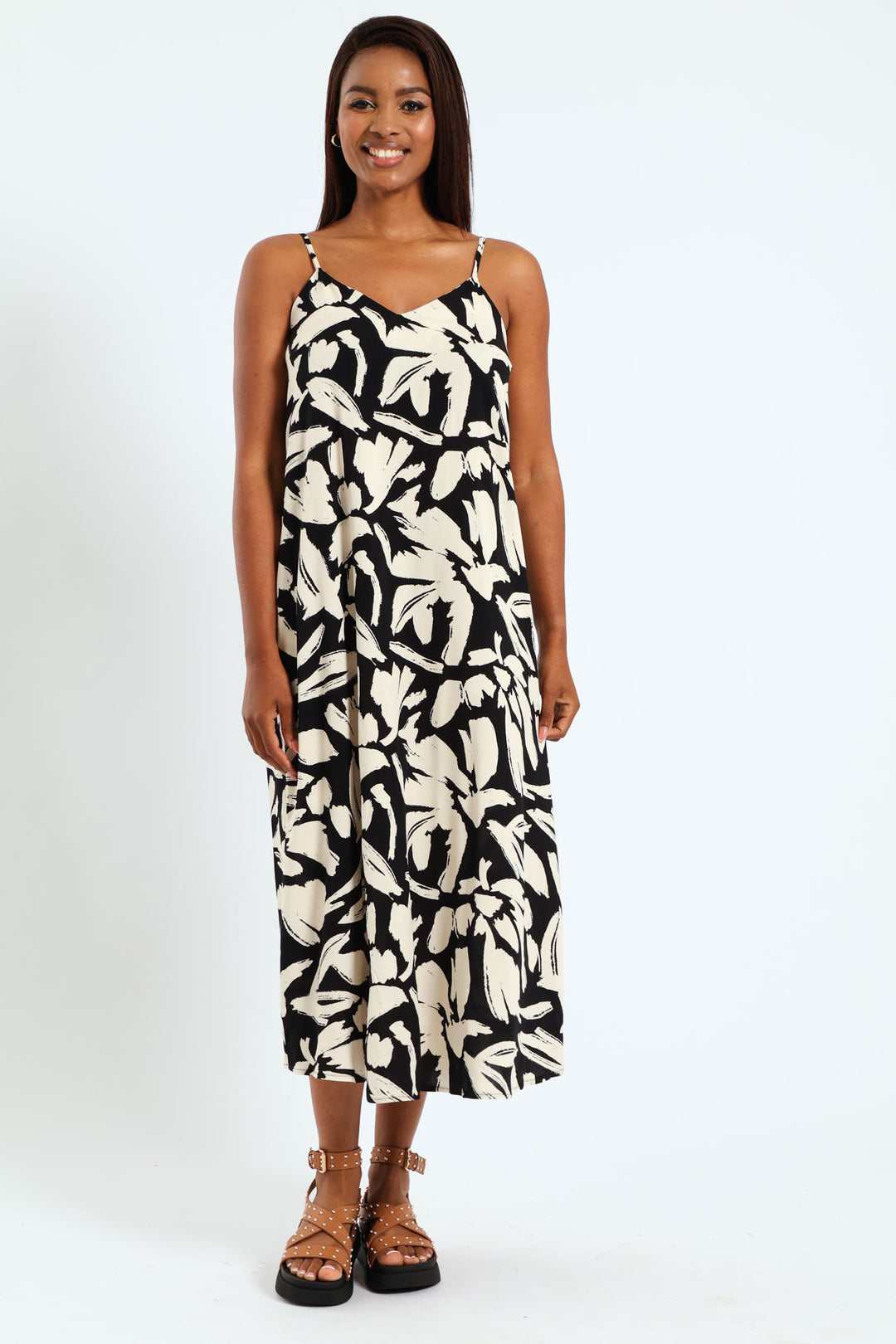 Strappy A-Line Slip Maxi Dress - Black/Cream