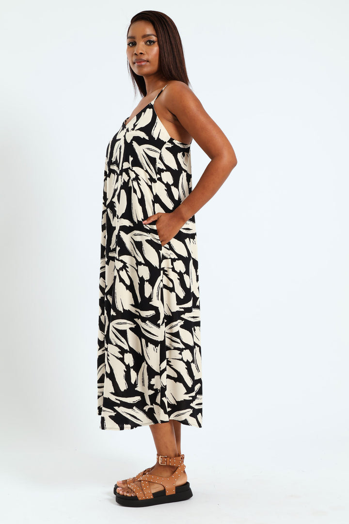 Strappy A-Line Slip Maxi Dress - Black/Cream