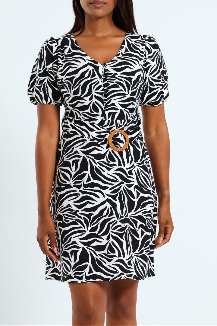 Bubble Sleeve V-Neck Belted Mini Dress - Black/White