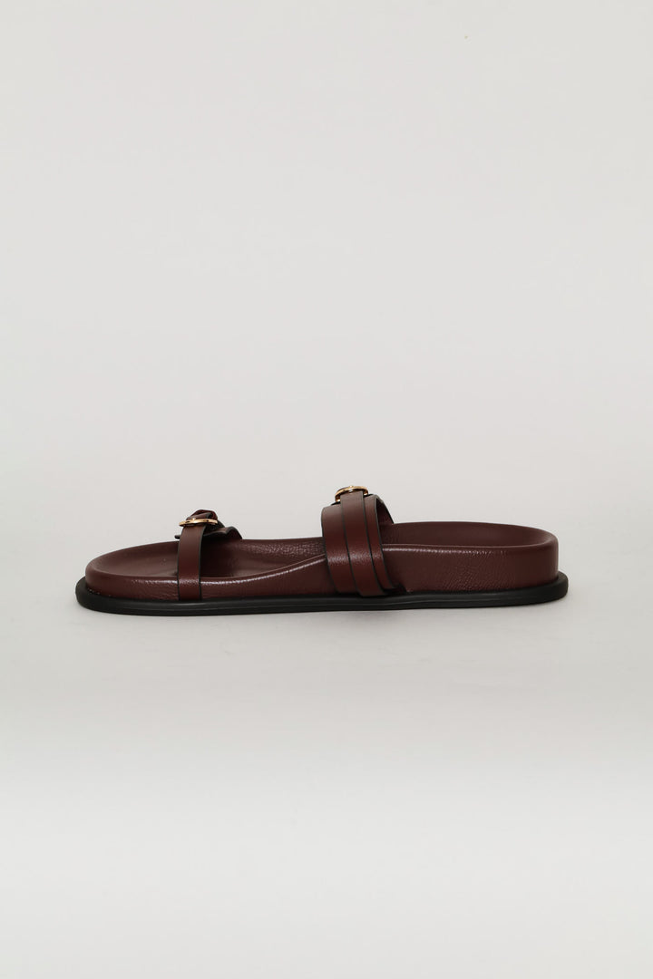Buckle Detail Double Band Mule Sandal - Burgundy