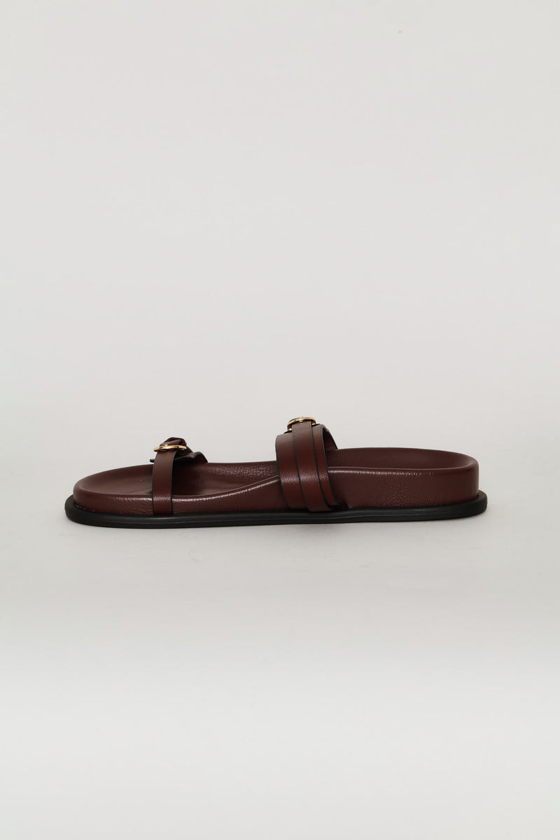 Buckle Detail Double Band Mule Sandal - Burgundy