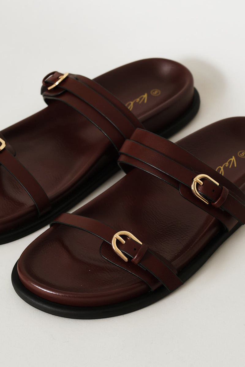 Buckle Detail Double Band Mule Sandal - Burgundy