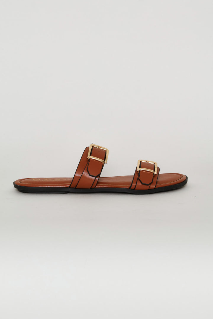 Double Buckle Strap Mule Sandal - Tan