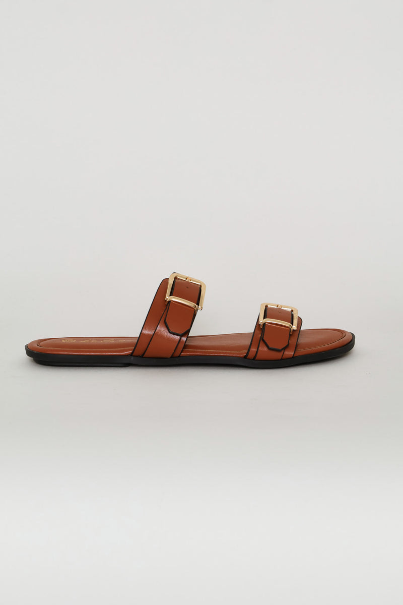 Double Buckle Strap Mule Sandal - Tan