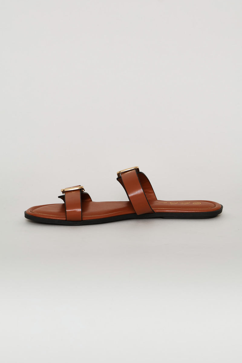 Double Buckle Strap Mule Sandal - Tan