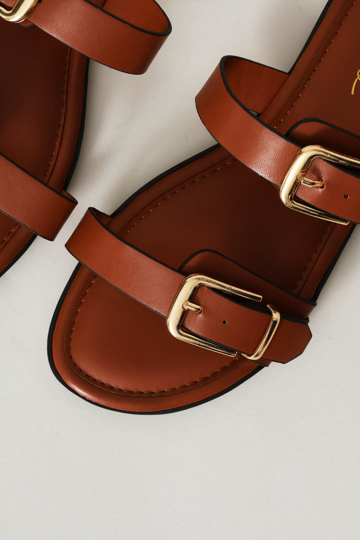 Double Buckle Strap Mule Sandal - Tan