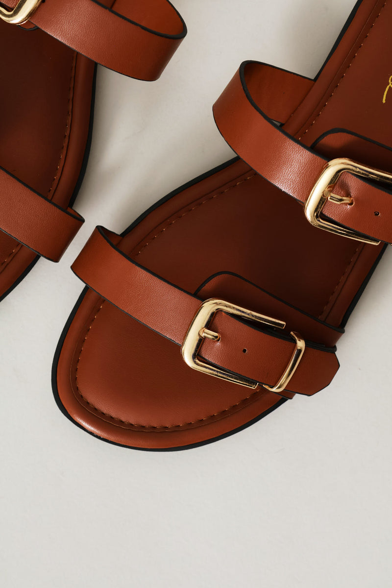 Double Buckle Strap Mule Sandal - Tan