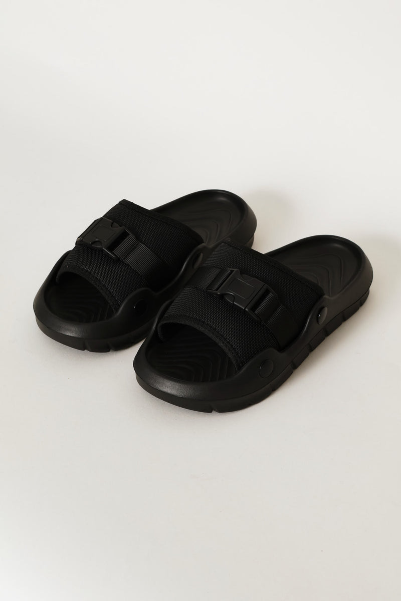 Buckle Detail Mesh Upper Slide - Black