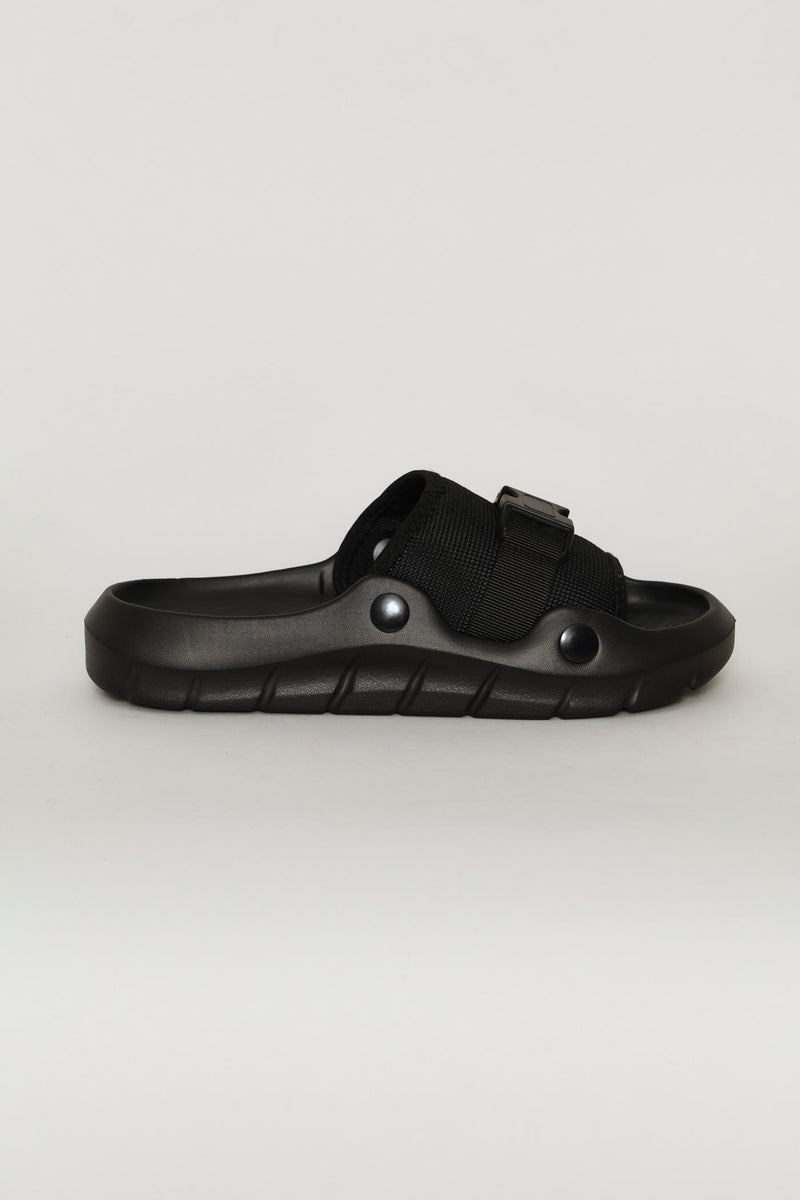 Buckle Detail Mesh Upper Slide - Black