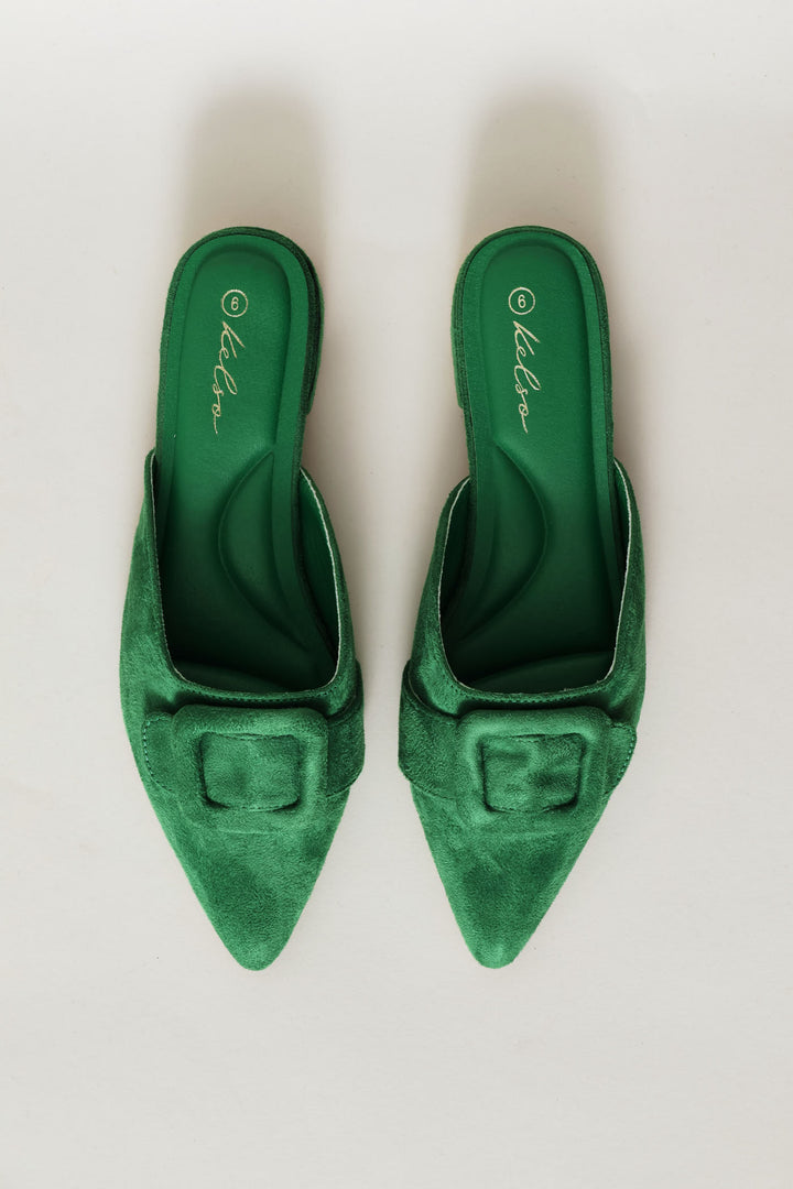 Self Fabric Buckle Mule - Green