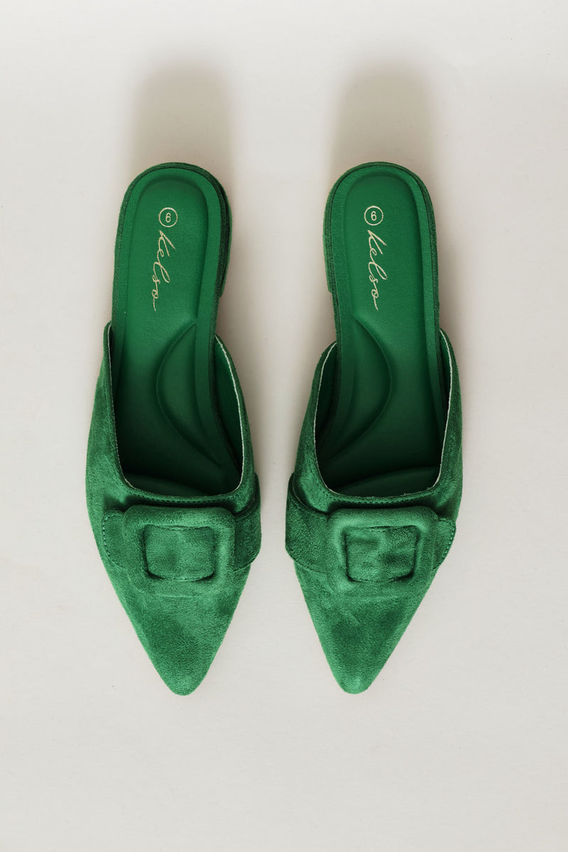 Self Fabric Buckle Mule - Green
