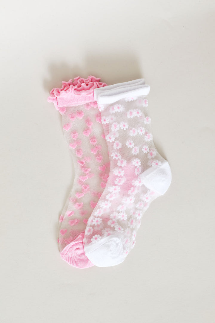 Pre-Girls 2 Pack Mesh Flowers Heart Socks - White