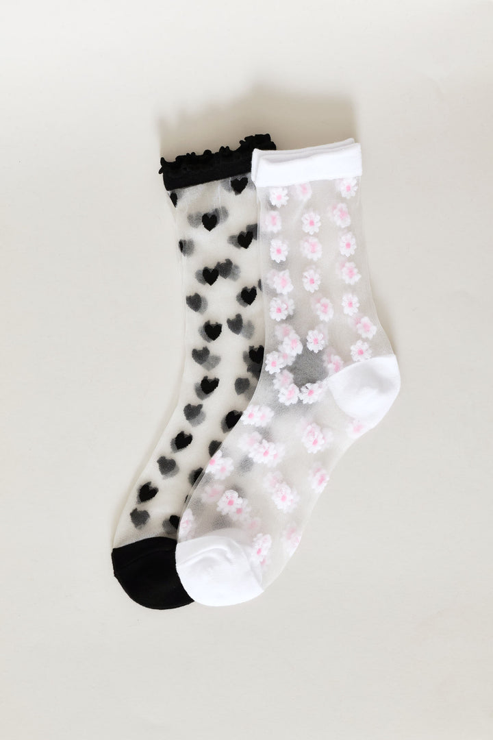 Girls 2 Pack Mesh Flowers Socks - White