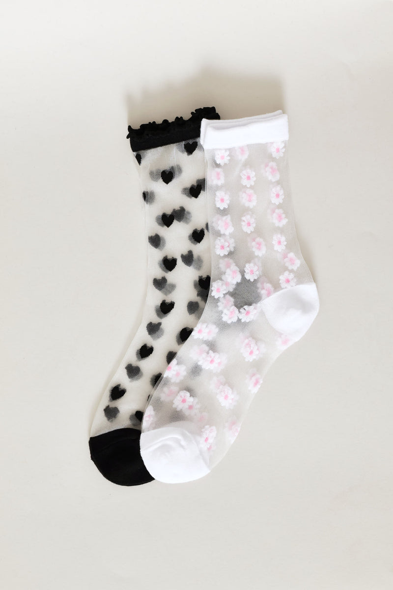 Girls 2 Pack Mesh Flowers Socks - White