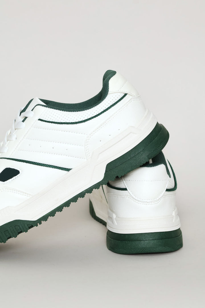 Multi Panel Fashion Sneaker With Chunky Sole - White/Green