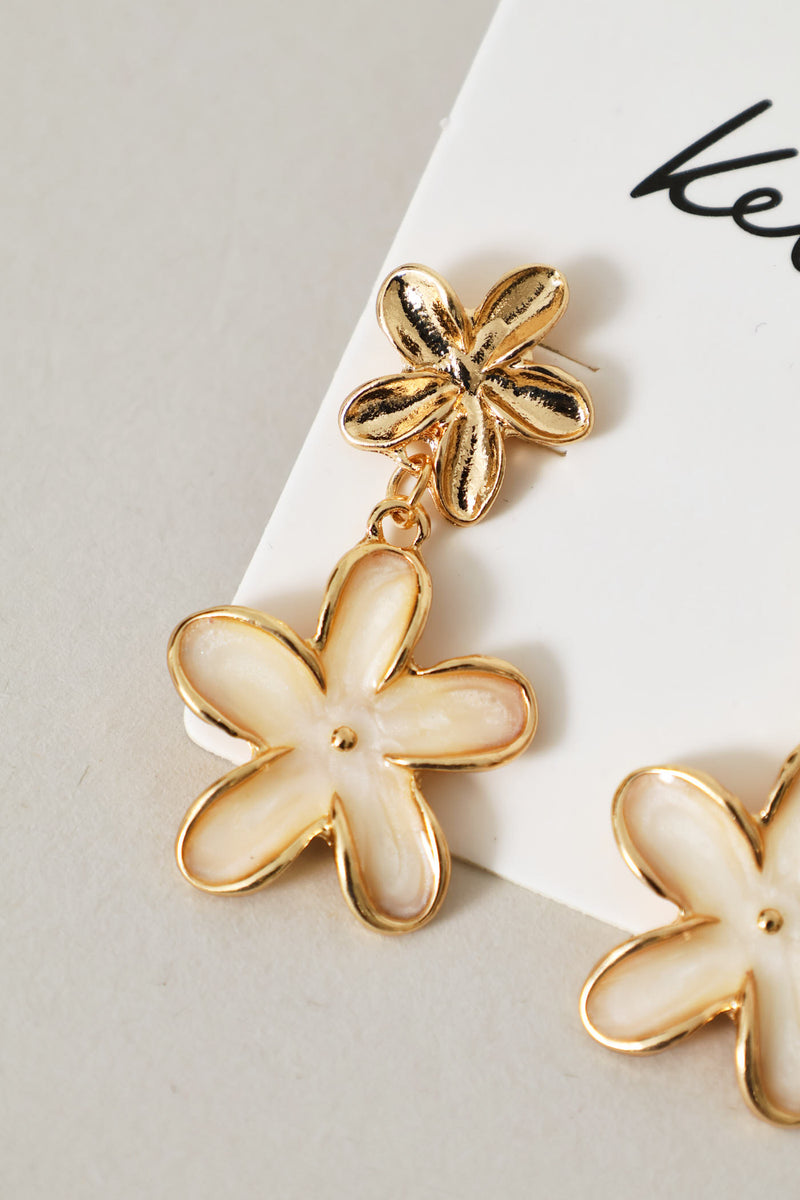 Pearlized Flower Drop Earring - Gold