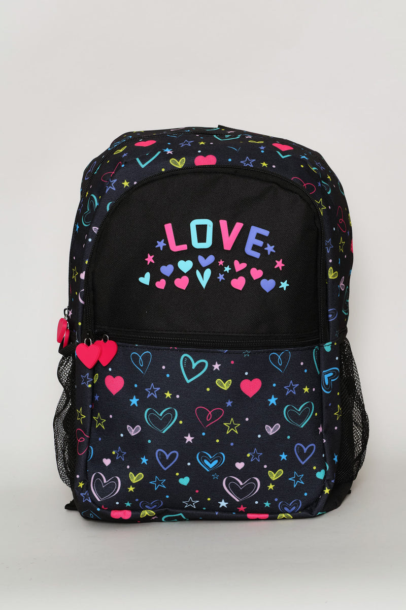 Girls Hearts Print Fashion Backpack - Black