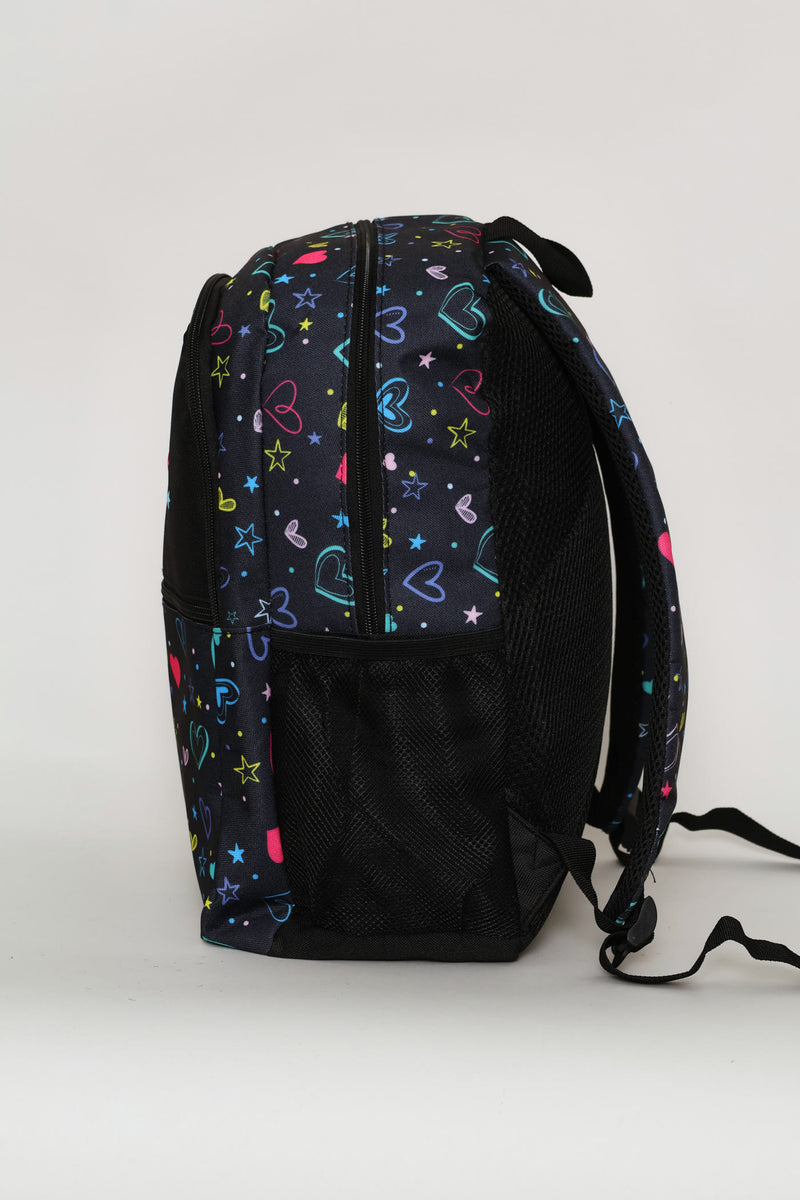 Girls Hearts Print Fashion Backpack - Black