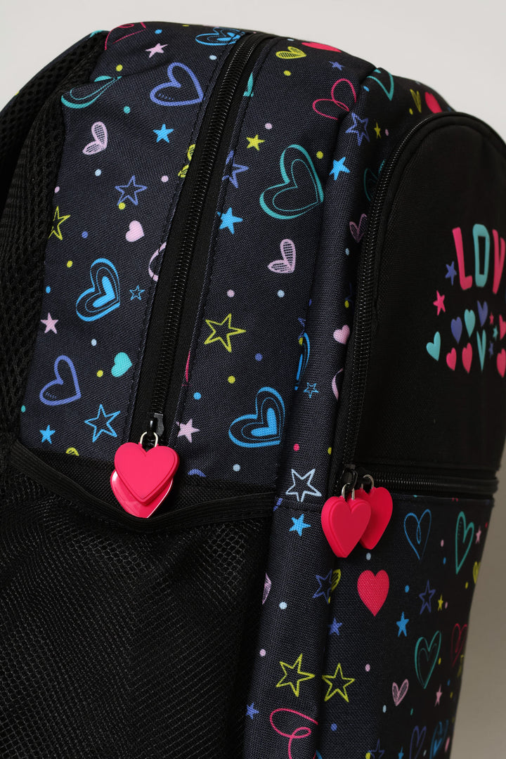 Girls Hearts Print Fashion Backpack - Black