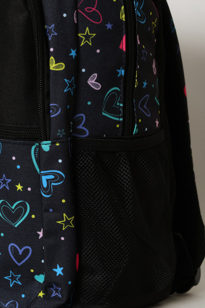 Girls Hearts Print Fashion Backpack - Black