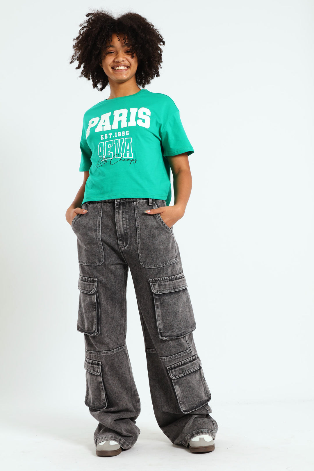 Girls Lightweight Denim Cargo Jean Charcoal