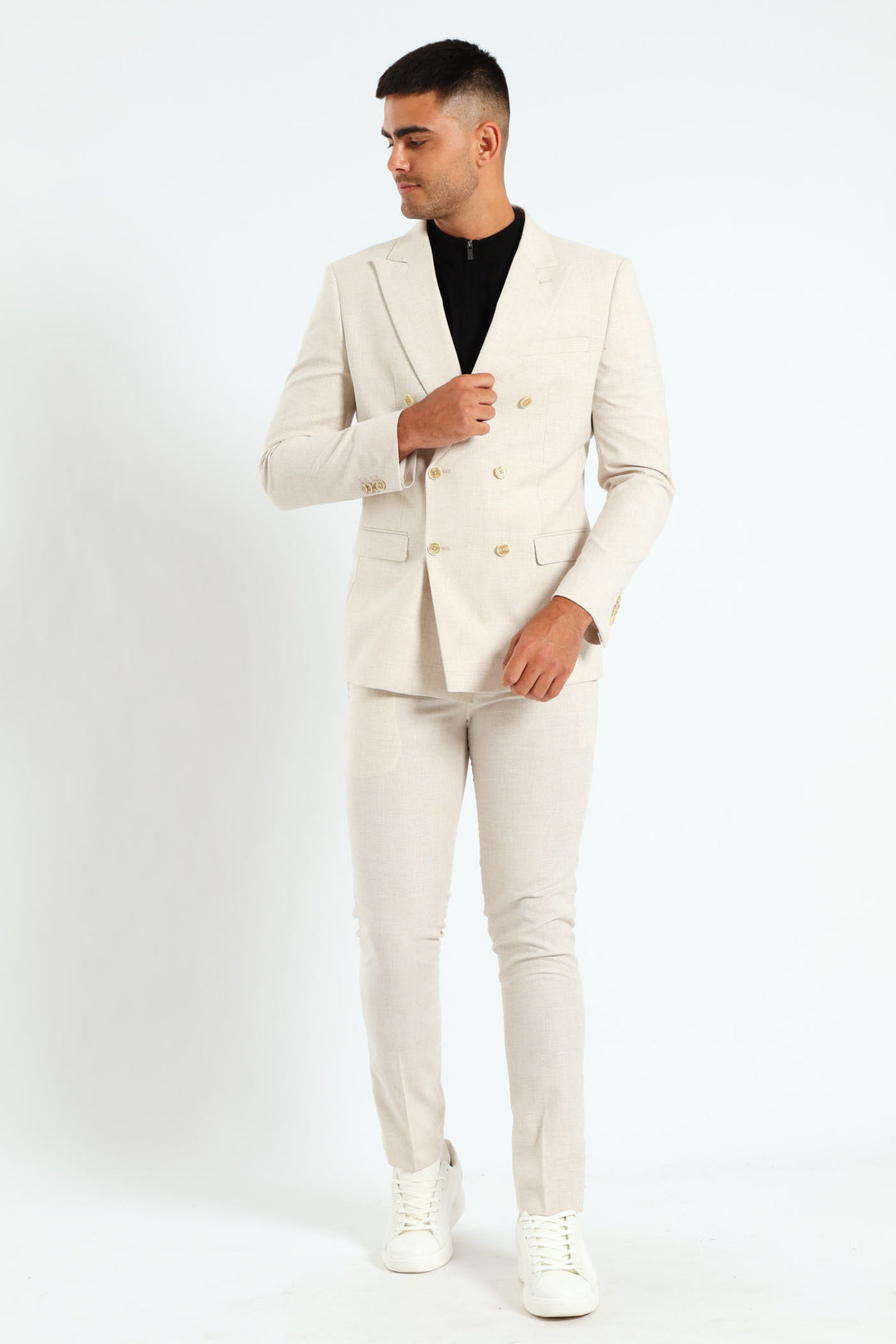 Glen Check Double Breasted Blazer - Cream
