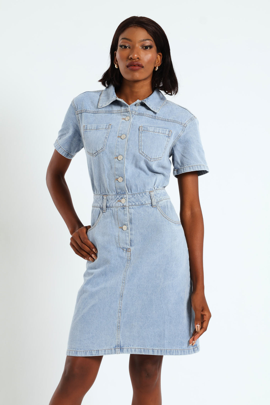 Half Placket Utility Denim Mini Dress - Light Wash