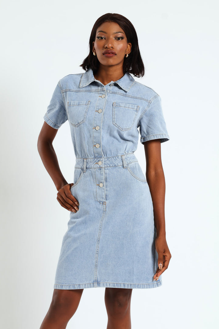 Half Placket Utility Denim Mini Dress - Light Wash