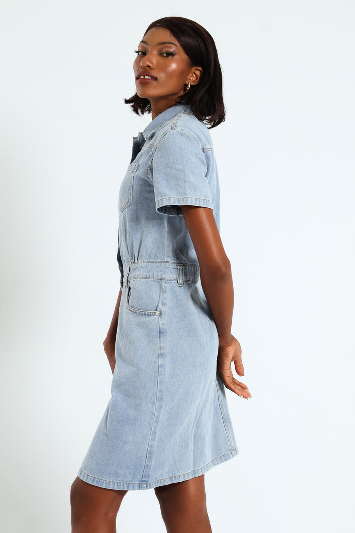 Half Placket Utility Denim Mini Dress - Light Wash
