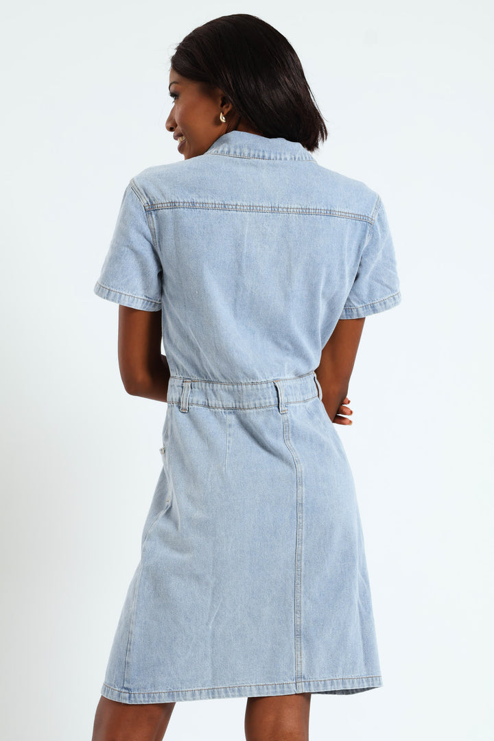 Half Placket Utility Denim Mini Dress - Light Wash