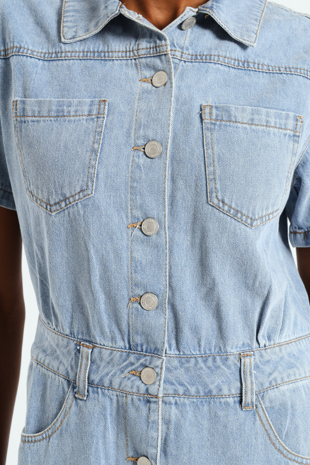 Half Placket Utility Denim Mini Dress - Light Wash