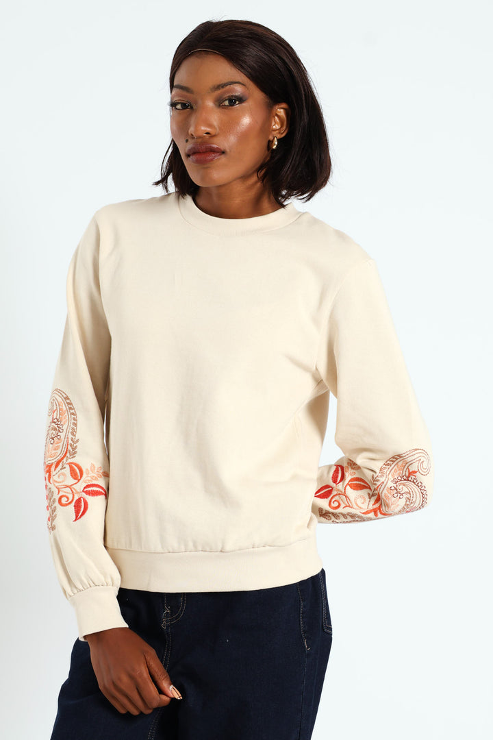 Paisley Embroidered Sleeve Pullover - Fawn