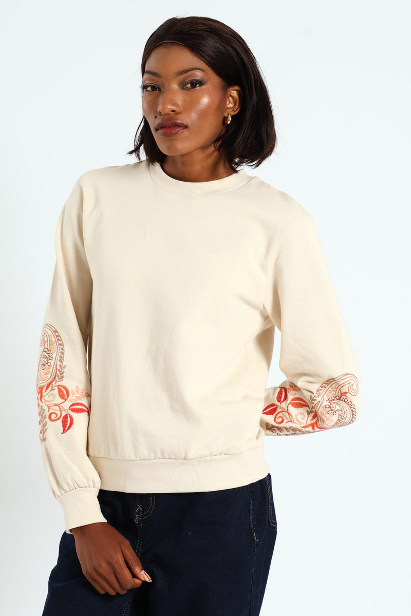 Paisley Embroidered Sleeve Pullover - Fawn