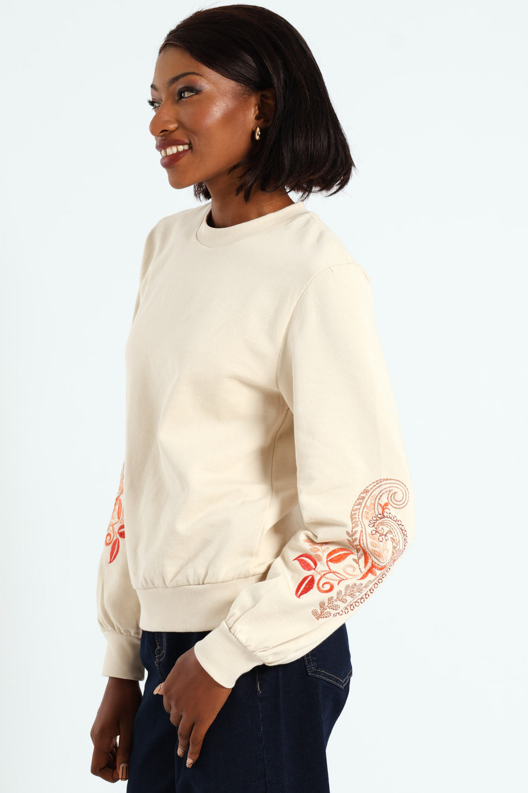 Paisley Embroidered Sleeve Pullover - Fawn