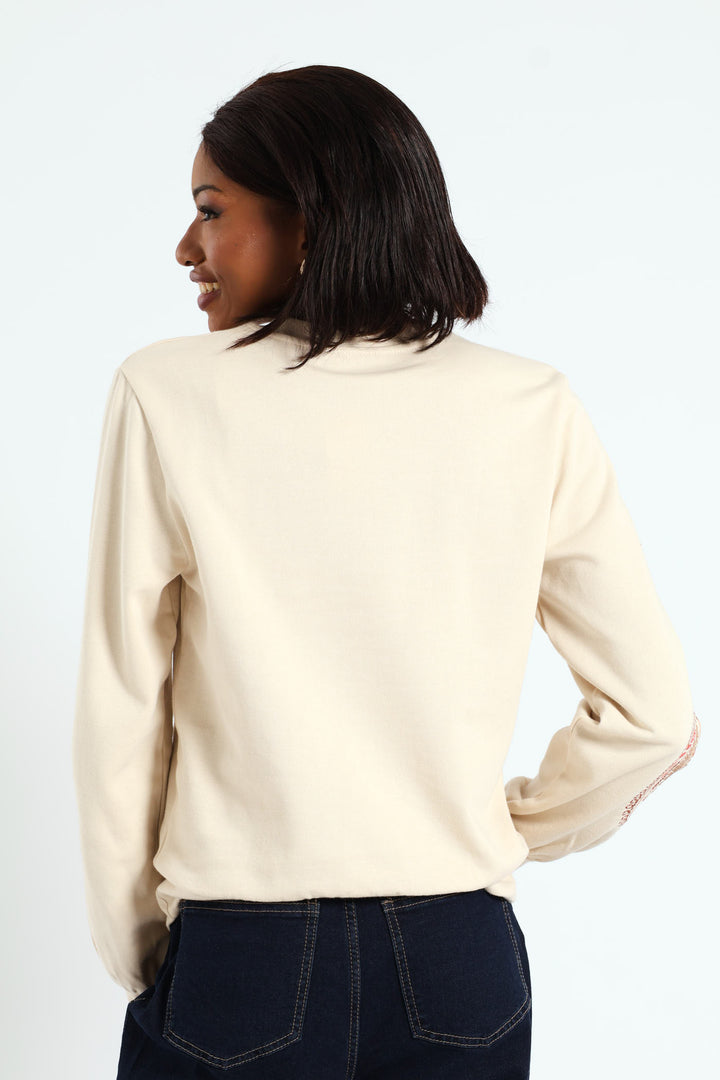 Paisley Embroidered Sleeve Pullover - Fawn