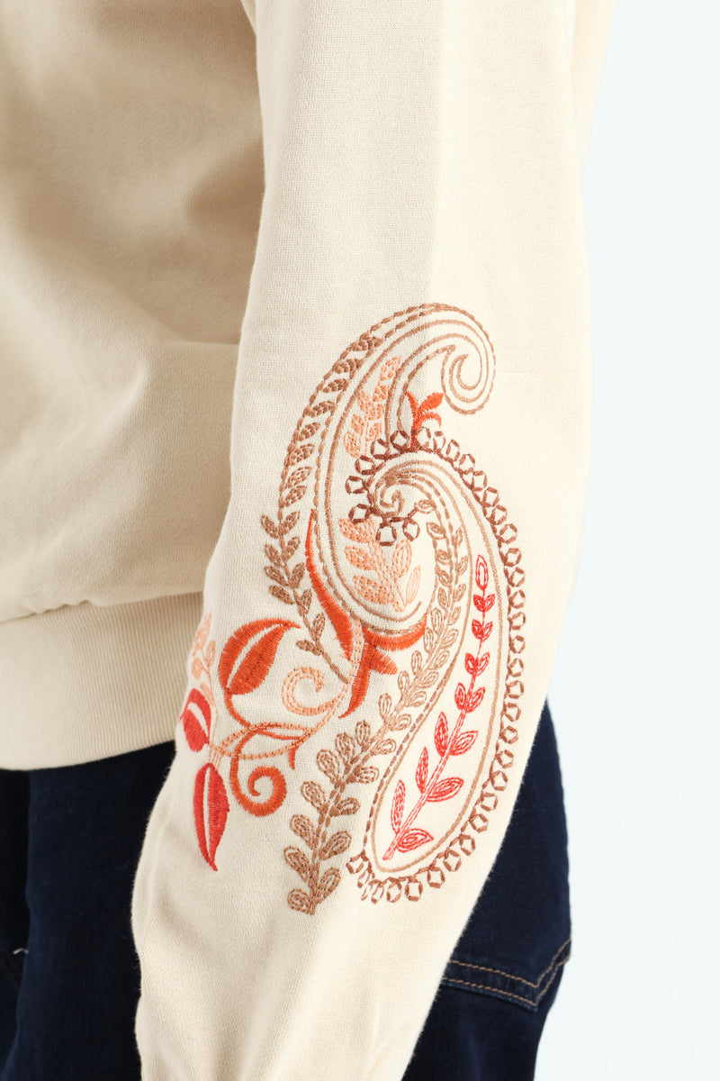 Paisley Embroidered Sleeve Pullover - Fawn