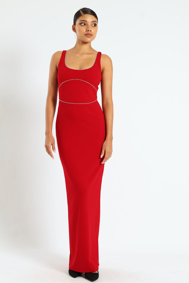 V-Neck Maxi Dress With Trim - Red