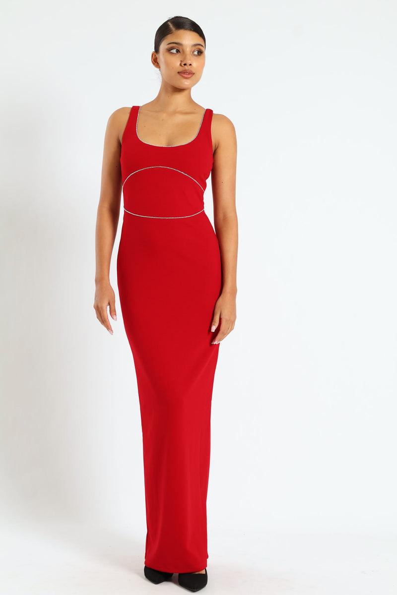 V-Neck Maxi Dress With Trim - Red