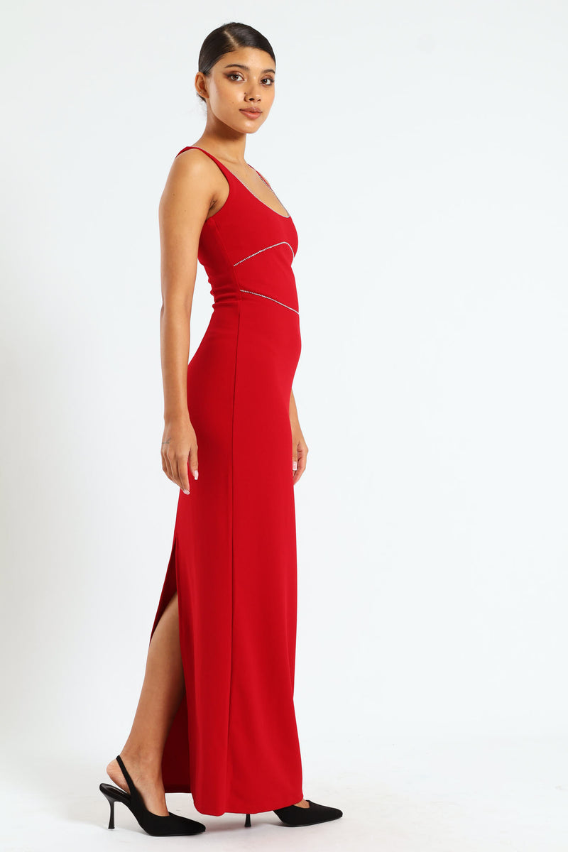 V-Neck Maxi Dress With Trim - Red